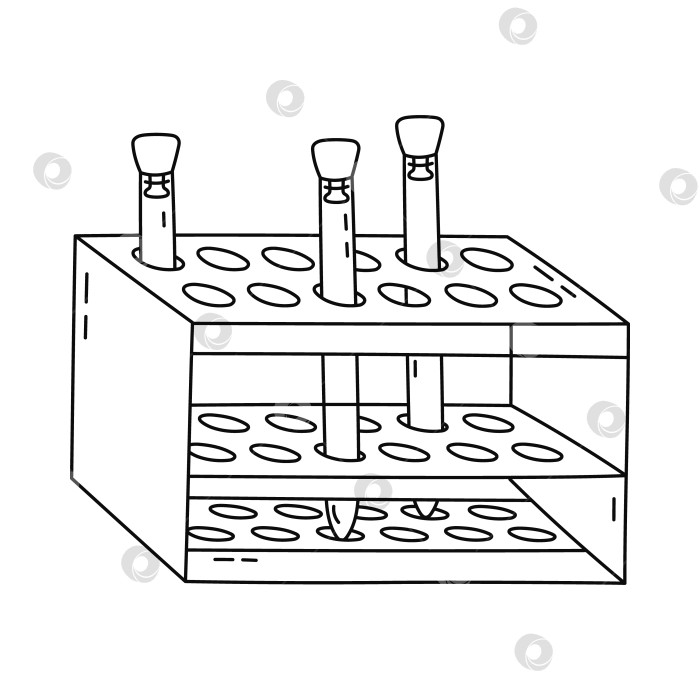 Скачать Симпатичная подставка для пробирок с рисунками каракулей и стеклянная посуда с пробкой для химических и медицинских экспериментов. Стеклянная пробирка в подставке для исследовательской лаборатории, биологического анализа. Научный инструмент, нарисованный от руки, выделенный на белом фоне. фотосток Ozero