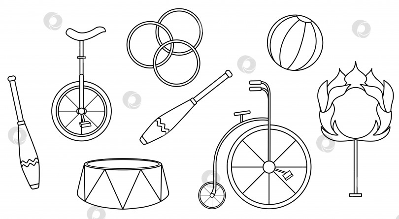 Скачать векторная иллюстрация набора циркового оборудования, аксессуаров для цирка, для циркового представления, каракули и наброски фотосток Ozero