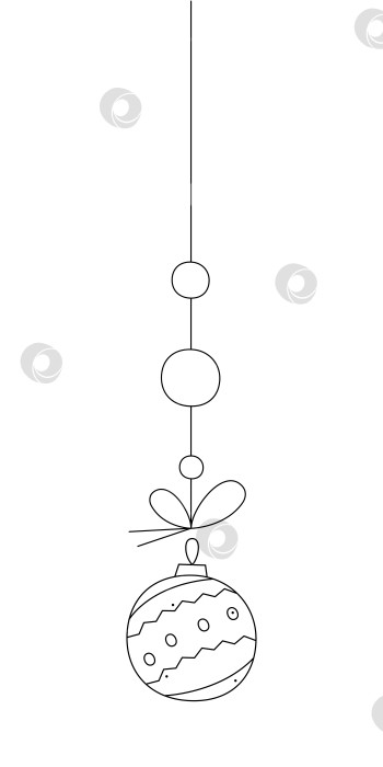 Скачать Рождественский шар с зигзагообразным узором и кругами на веревочке. Черно-белая иллюстрация в виде клипарта. фотосток Ozero