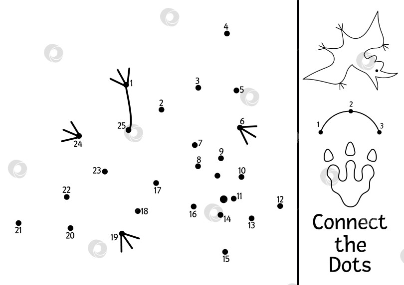 Скачать Векторная черно-белая игра от точки к точке и раскрашивание с птерозавром. Динозавр, соедини точки, раскраска. Что соединяет точки на листе для печати с птеродактилем. Головоломка с доисторическими линиями фотосток Ozero