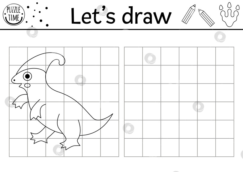Скачать Нарисуй динозавра. Векторный рабочий лист для доисторического рисования с изображением древнего животного. Черно-белое упражнение для детей. Скопируй или дополни раскраску с изображением паразавролофа фотосток Ozero