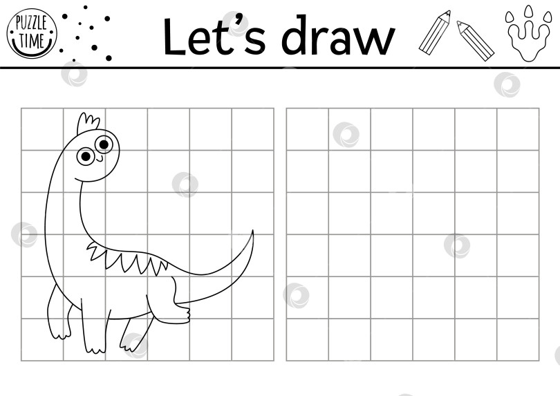 Скачать Нарисуйте динозавра. Векторный рабочий лист для доисторического рисования с изображением древнего животного. Черно-белое упражнение для детей. Скопируйте или дополните раскраску с изображением брахиозавра фотосток Ozero