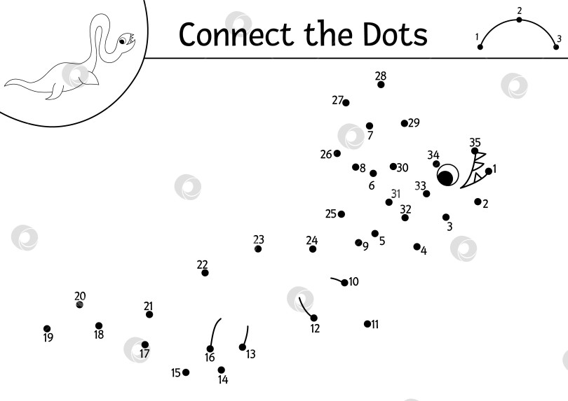 Скачать Векторная черно-белая раскраска от точки к точке с изображением эласмозавра. Раскраска "Динозавр, соедини точки". Что соединяет точки на листе для печати с плезиозавром. Головоломка с доисторическими линиями фотосток Ozero