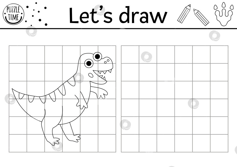 Скачать Нарисуй динозавра. Векторный рабочий лист для доисторического рисования с изображением древнего животного. Черно-белое упражнение для детей. Скопируй или дополни раскраску с изображением тираннозавра фотосток Ozero