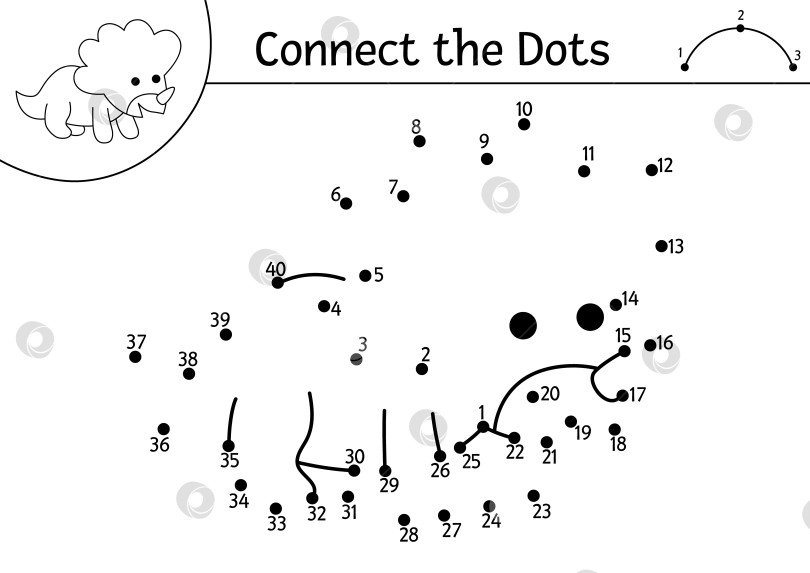 Скачать Векторная черно-белая раскраска от точки к точке с изображением маленького трицератопса. Раскраска "Динозавр, соедини точки". Что соединяет точки на листе для печати. Головоломка с доисторическими линиями фотосток Ozero
