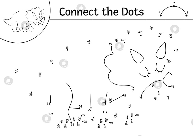 Скачать Векторная черно-белая раскраска от точки к точке с изображением трицератопса. Раскраска "Динозавр, соедини точки". Что соединяет точки на листе для печати. Головоломка с доисторическими линиями фотосток Ozero