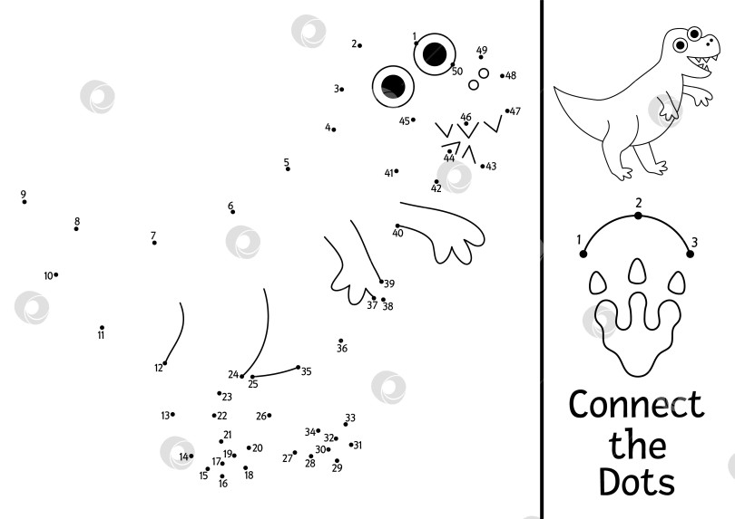 Скачать Векторная черно-белая раскраска от точки к точке с тираннозавром. Раскраска "Динозавр, соедини точки". Что соединяет точки на листе для печати с тираннозавром рексом. Головоломка с доисторическими линиями фотосток Ozero