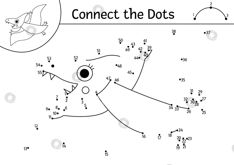 Скачать Векторная черно-белая игра от точки к точке и раскрашивание с птерозавром. Динозавр, соедини точки, раскраска. Что соединяет точки на листе для печати с птеродактилем. Головоломка с доисторическими линиями фотосток Ozero