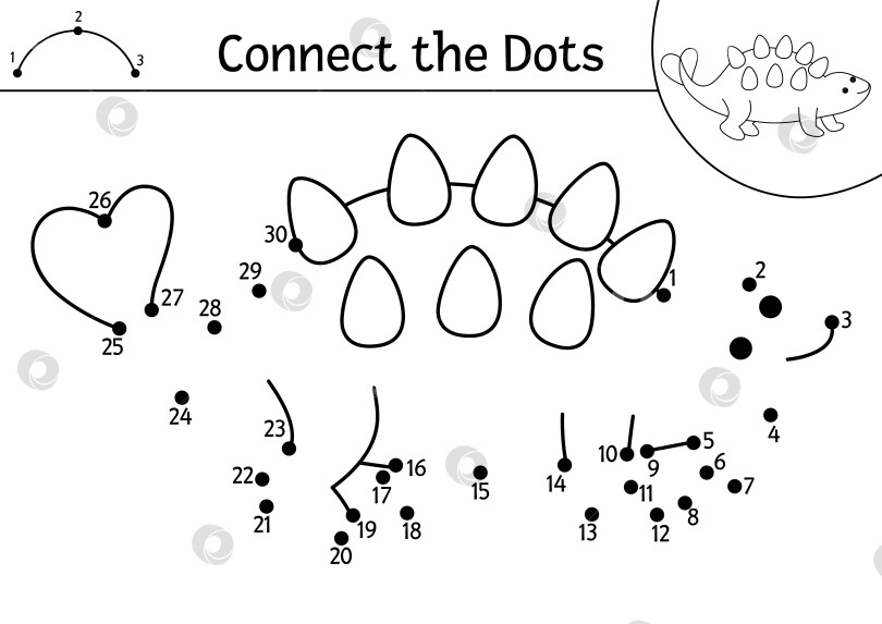 Скачать Векторная черно-белая раскраска от точки к точке с анкилозавром. Раскраска "Динозавр, соедини точки". Что соединяет точки на листе для печати с тираннозавром рексом. Головоломка с доисторическими линиями фотосток Ozero