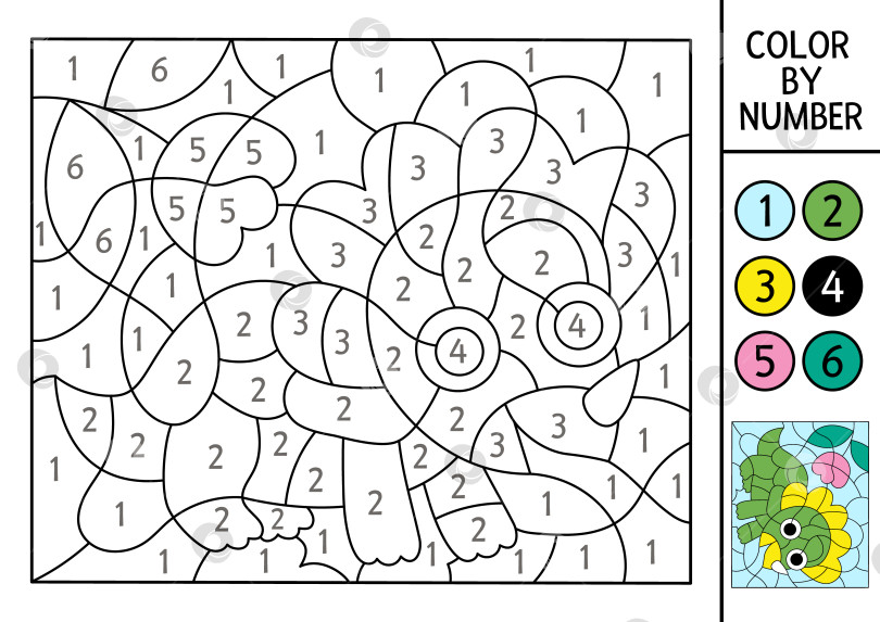 Скачать Раскраска динозавров в векторе по номерам с маленьким детенышем трицератопса. Доисторический пейзаж. Черно-белая игра в счет с древним животным. Раскраска-мозаика для детей фотосток Ozero