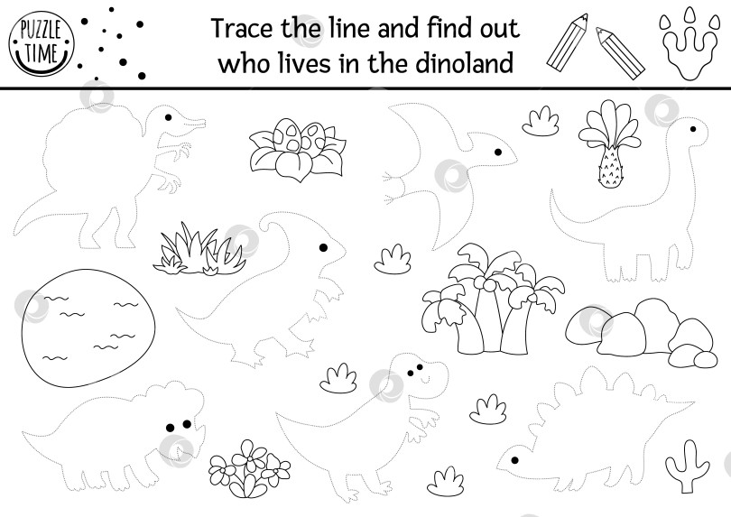 Скачать Соедините точки, чтобы узнать, кто живет в стране динозавров. Векторный рисунок динозавра, практический лист для рисования с доисторическим ландшафтом. Черно-белая раскраска для детей. фотосток Ozero