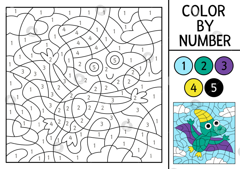 Скачать Раскраска динозавров в векторе по номерам с маленьким птерозавром. Доисторический пейзаж. Черно-белая игра в счет с древним животным. Раскраска-мозаика для детей фотосток Ozero
