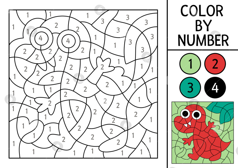 Скачать Раскраска динозавров в векторе по номерам с маленьким детенышем тиранозавра. Доисторический пейзаж. Черно-белая игра в счет с древним животным. Раскраска-мозаика для детей фотосток Ozero