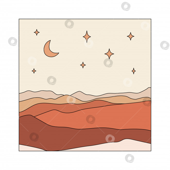 Скачать Иллюстрация Луны, звезд, гор. Абстрактный пейзаж в стиле бохо фотосток Ozero