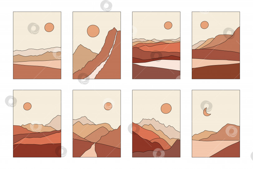 Скачать Набор абстрактных пейзажных иллюстраций. Горы, солнце, луна, закат, пустыня, холмы минималистский дизайн. Модное искусство середины века, домашний декор в стиле бохо, настенное искусство. фотосток Ozero