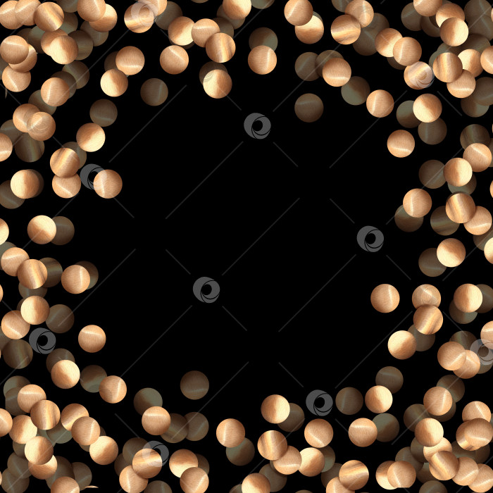 Скачать Золотое конфетти в квадратной рамке. Иллюстрация акварелью. Каемка из круглых блесток. Блестки для оформления новогодней открытки, шаблон для приглашения. Праздничный блестящий черный фон фотосток Ozero