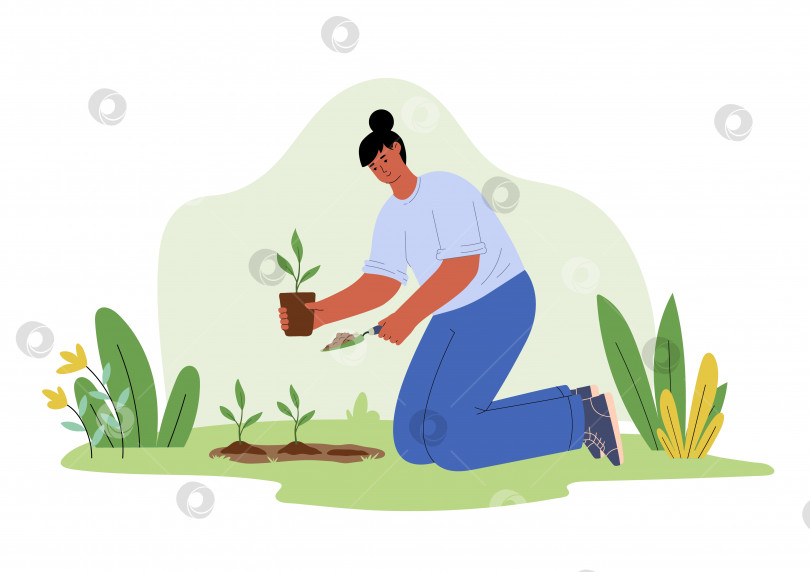 Скачать Женщина сажает растения в саду. Деятельность людей, стиль жизни, концепция хобби. фотосток Ozero