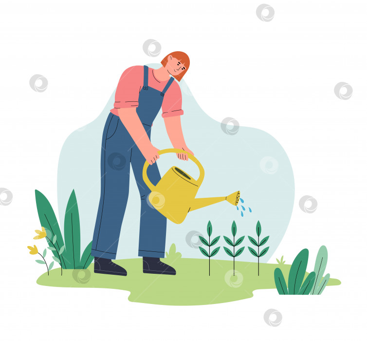 Скачать Счастливая женщина поливает растения в саду. Женский персонаж заботится о цветах фотосток Ozero