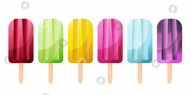 Скачать набор разноцветного мороженого на палочке (фруктовый лед). Изолированный вектор фотосток Ozero