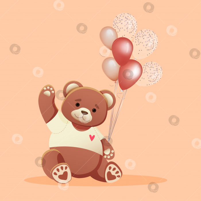 Скачать Векторная открытка с изображением милого плюшевого мишки в футболке с сердечком и с воздушными шариками в руке фотосток Ozero