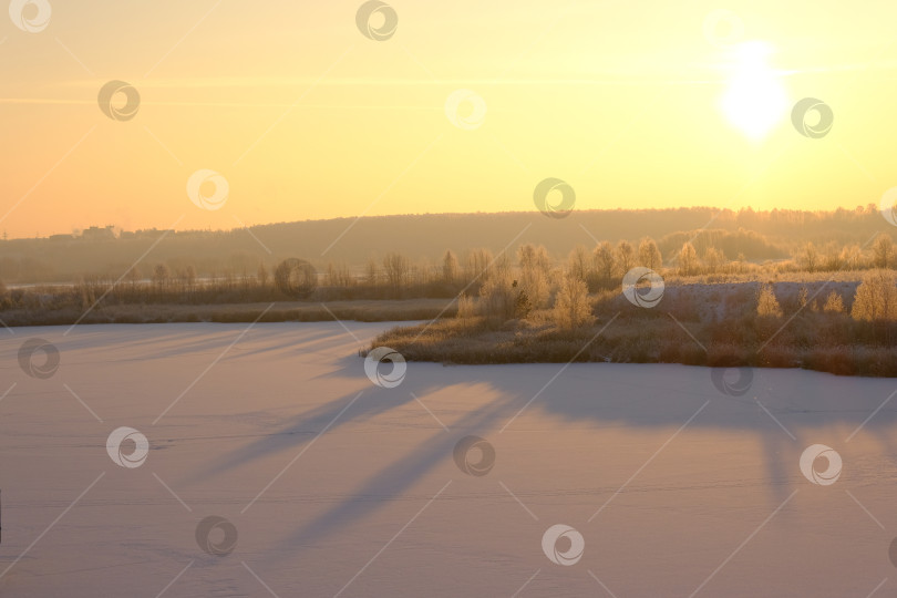 Скачать Зимний закат на природе. Заснеженная гладь озера, деревья и кустарники. фотосток Ozero