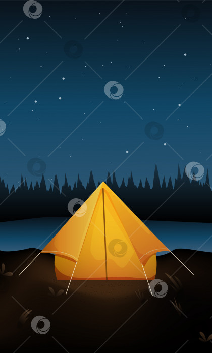 Скачать живописная векторная иллюстрация ночного летнего лагеря с палаткой на фоне звезд фотосток Ozero