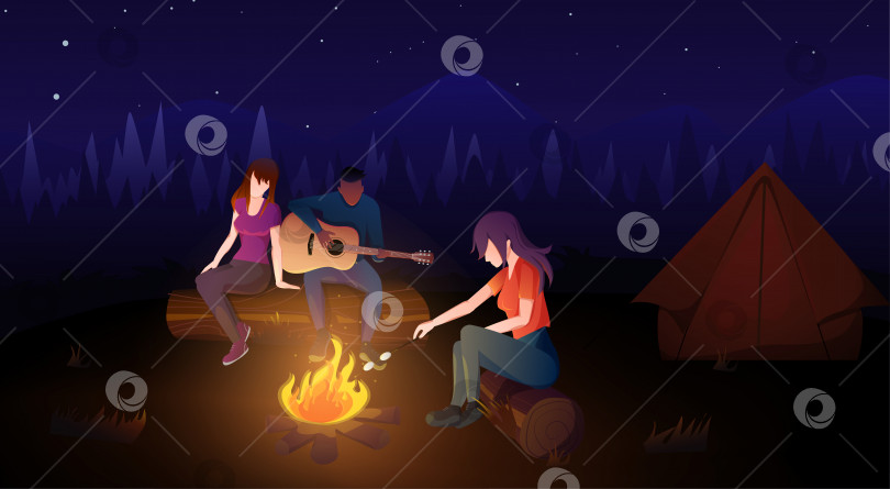 Скачать векторная иллюстрация межэтнических друзей, отдыхающих на природе с гитарой и палаткой фотосток Ozero
