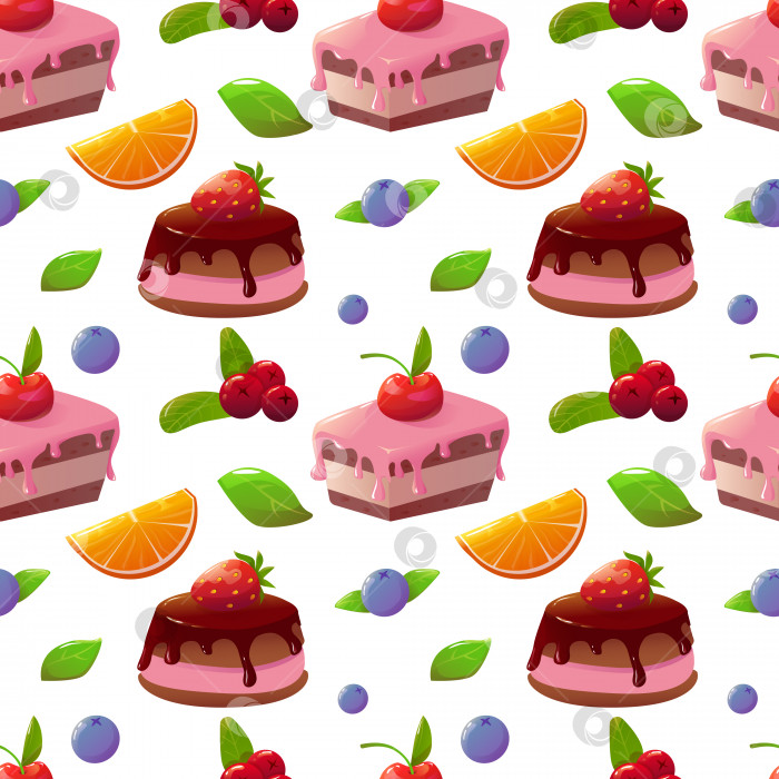 Скачать Бесшовный узор из тортов, украшенных ягодами и листьями, на изолированном фоне векторной иллюстрации. фотосток Ozero