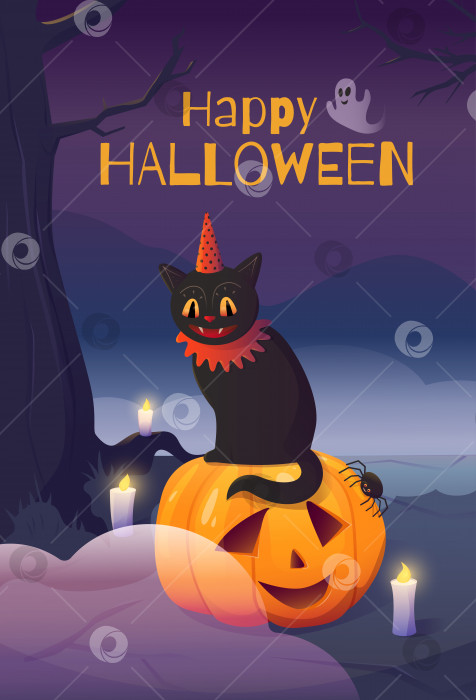 Скачать счастливого Хэллоуина. Кошка сидит ночью на тыкве рядом со свечами. Векторная иллюстрация фотосток Ozero