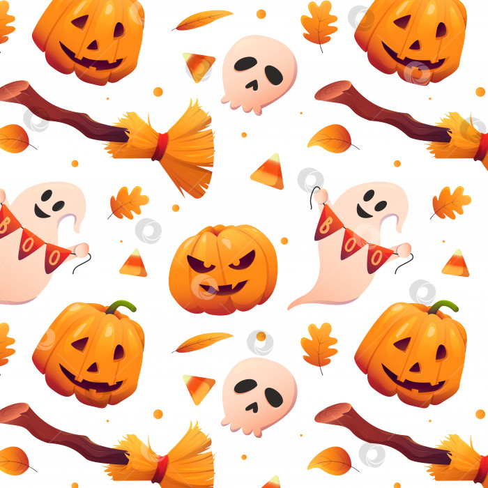 Скачать бесшовный узор для Хэллоуина. с тыквами и призраком. векторная иллюстрация фотосток Ozero