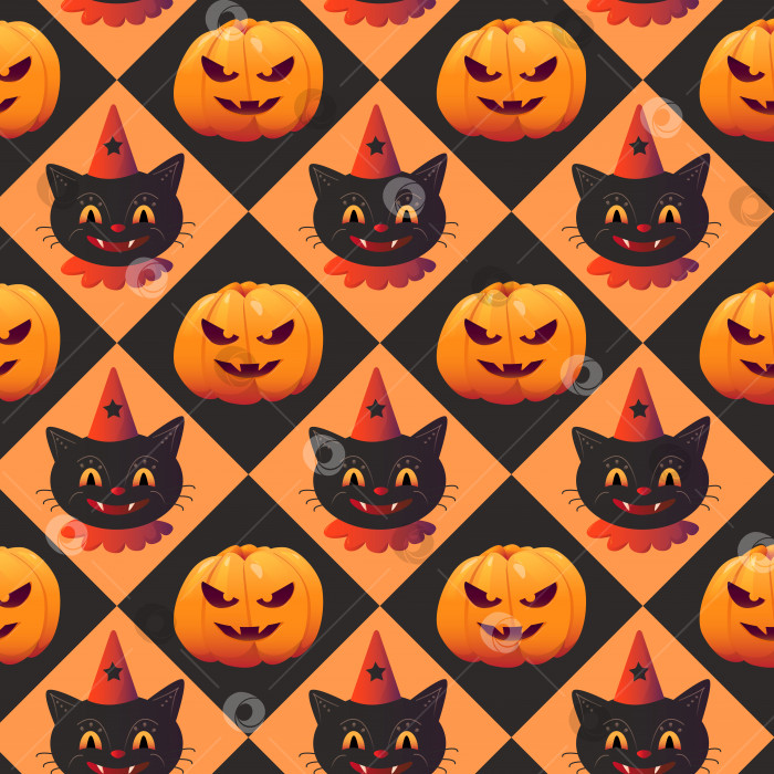 Скачать бесшовный узор на Хэллоуин с кошкой и тыквой. векторное изображение фотосток Ozero