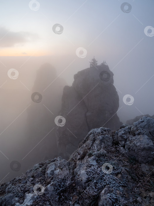 Скачать Туман в каньоне с большой скалой на рассвете. фотосток Ozero