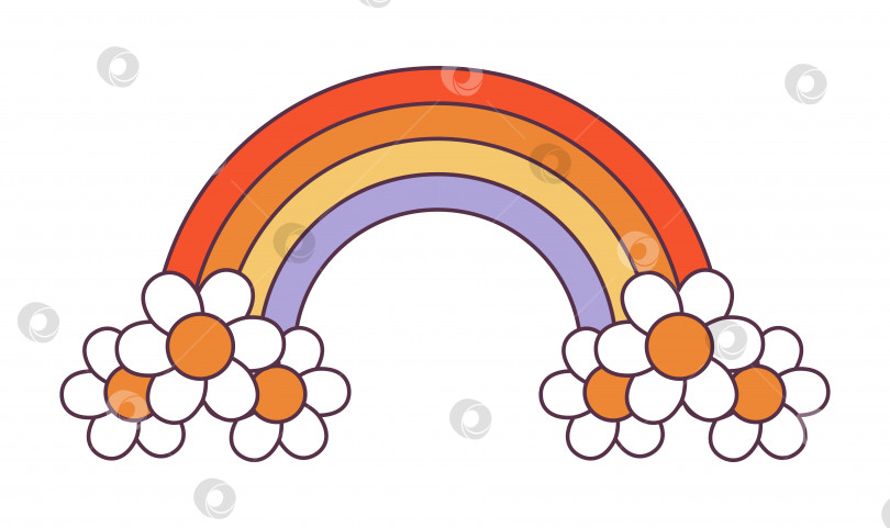 Скачать Ретро-заводная наклейка в стиле хиппи 70-х годов "радуга". Элемент психоделического мультфильма - фанковая иллюстрация в винтажном стиле хиппи. Векторная плоская иллюстрация для баннера, листовки, приглашения, открытки. фотосток Ozero