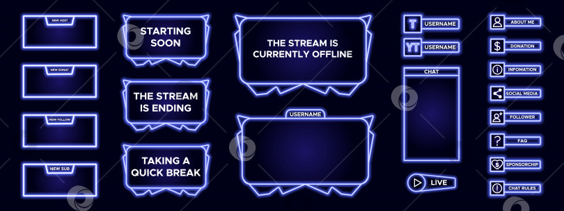 Скачать Набор элементов современного дизайна для наложения панели экрана потоковой передачи игр. Синяя рамка very peri game для интернет-трансляции и онлайн-видео. Футуристическая рамка для прямой трансляции для интерфейса. Векторный шаблон. фотосток Ozero