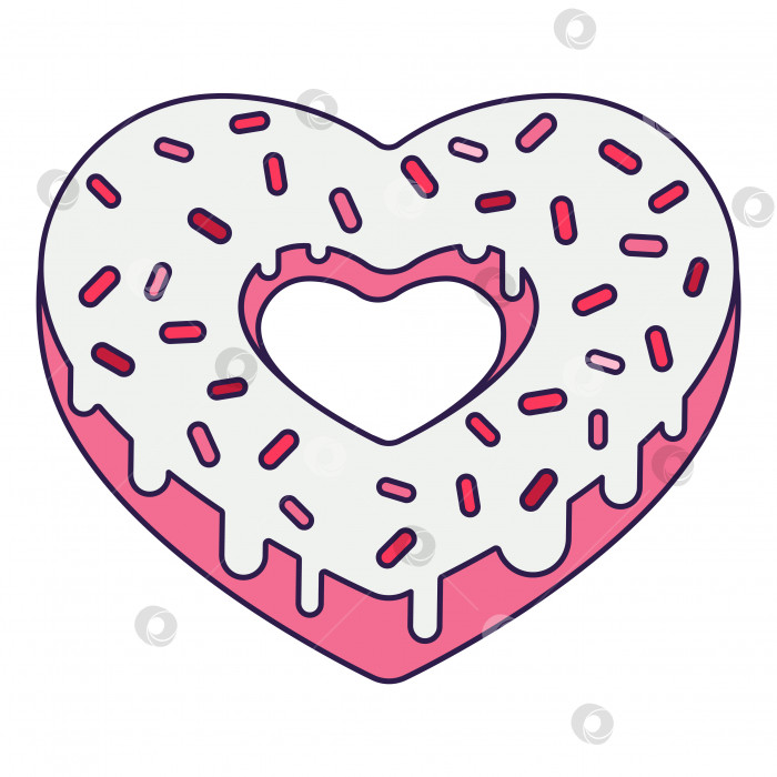 Скачать Ретро-значок Дня Святого Валентина в виде пончика в форме сердца. Символ любви в модном стиле pop line art. Сладкие шоколадные сердечки нежно-розового, красного и кораллового цветов. Векторная иллюстрация, выделенная на белом фоне. фотосток Ozero
