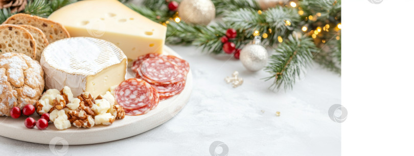 Скачать Праздничное рождественское или новогоднее мясное ассорти с сырами, салями, виноградом, оливками на тарелке, праздничный фон, место для копирования фотосток Ozero