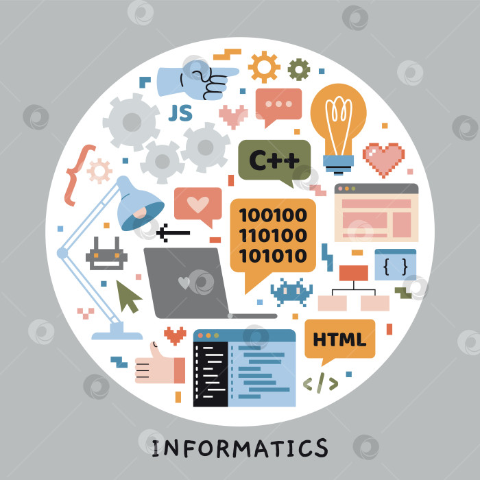 Скачать Урок информатики и программирования в школе, концепция ИТ-образования. Круглое изображение компьютера, ноутбука, языков, консоли, пиксельная графика и цифровой интерфейс. Векторная иллюстрация, рисованная от руки, плоская фотосток Ozero