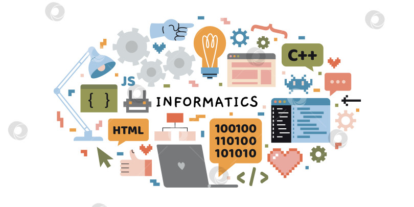 Скачать Урок информатики и программирования в школе, концепция ИТ-образования. Овальный рисунок с изображением компьютера, ноутбука, языков, консоли, пиксельной графики и цифрового интерфейса. Векторная иллюстрация, рисованная от руки, плоская фотосток Ozero