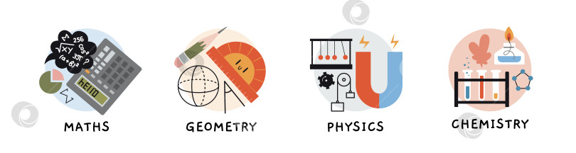 Скачать Урок математики, геометрии, физики и химии в школе, концепция образования. Круглая иконка с атрибутами точных и естественных наук. Модная современная векторная иллюстрация, рисованная от руки, плоский дизайн фотосток Ozero