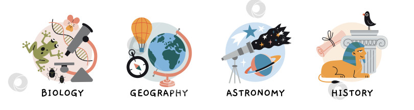 Скачать Урок биологии, географии, астрономии и истории в школе, концепция образования. Круглая иконка с атрибутами естественных и гуманитарных наук. Модная современная векторная иллюстрация, нарисованная от руки, плоская фотосток Ozero