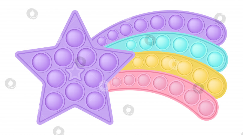 Скачать Попить фиолетовую звезду с радужным хвостом в стиле модной силиконовой игрушки-непоседы. Игрушка-антистресс в пастельных тонах - розовом, голубом, желтом, фиолетовом. Мыльный пузырь, лопни его. Изолированная векторная иллюстрация. фотосток Ozero