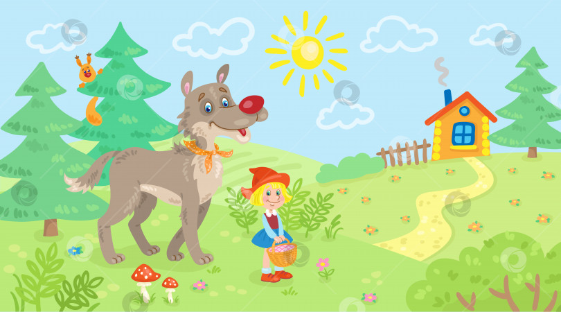 Скачать Красная Шапочка и большой серый волк на лесной поляне среди деревьев и цветов фотосток Ozero