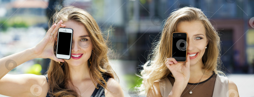 Скачать Коллаж, две женщины закрывают лица экраном смартфона фотосток Ozero