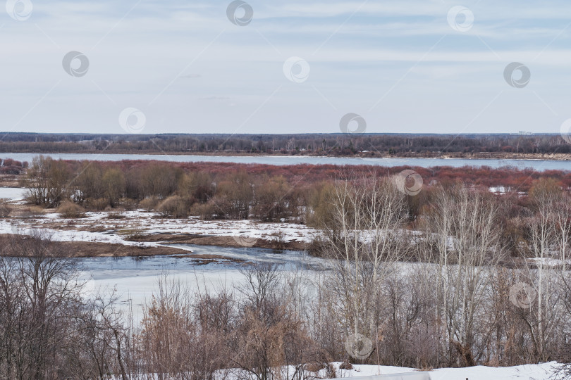 Скачать Весенний пейзаж на реке, Россия. Река вскрылась. Голые деревья и кустарники на берегах. фотосток Ozero