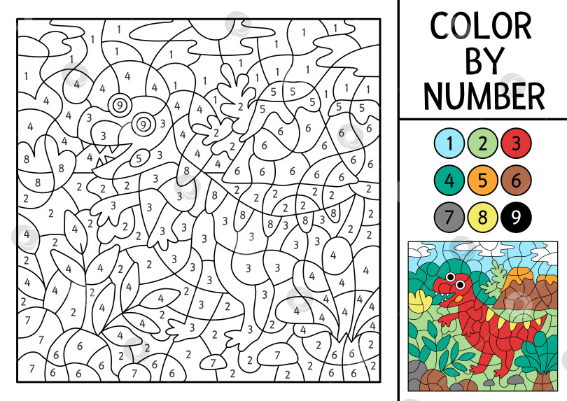 Скачать Раскраска динозавров в векторе по номерам с тираннозавром, вулканом. Доисторическая пейзажная сцена. Черно-белая игра в счет с древним животным. Раскраска-мозаика для детей фотосток Ozero