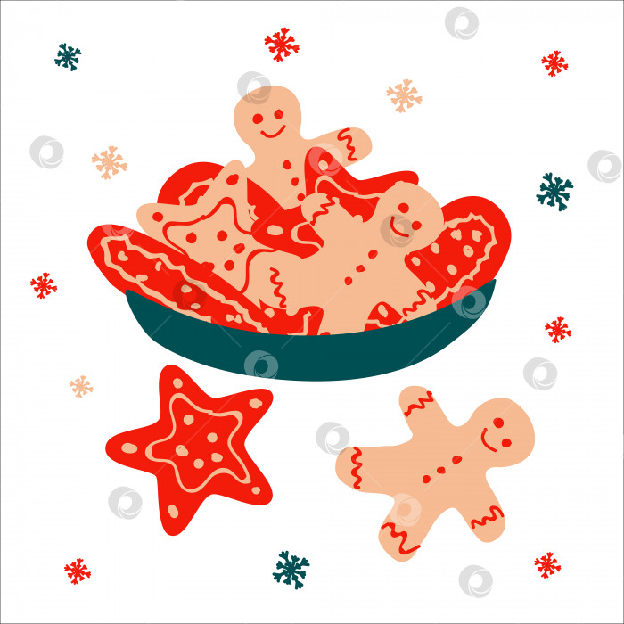 Скачать Традиционная рождественская тарелка с пряничными человечками и печеньем-звездочками на белом фоне со снежинками в скандинавском рисованном стиле. Векторная иллюстрация квадратного формата. Подходит для поздравительной открытки или баннера фотосток Ozero