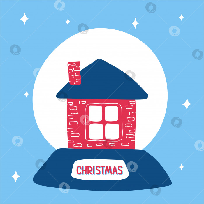 Скачать Рождественский снежный шар с уютным домиком внутри на голубом фоне с рисунком из снежинок в скандинавском стиле каракули. Векторная иллюстрация, один простой яркий объект, квадратный формат фотосток Ozero