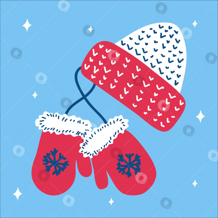 Скачать Традиционная рождественская розовая шапочка и варежки-варежки со снежинками в скандинавском стиле, нарисованные от руки на синем фоне. Векторная иллюстрация квадратного формата. Подходит для социальных сетей фотосток Ozero