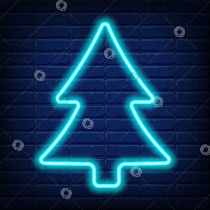 Скачать Рождественская неоновая иконка елки. Неоново-зеленая форма рождественской елки на фоне темно-синей кирпичной стены. Символ Нового года изолированная векторная иллюстрация, подходящая для листовки, баннера, поздравительной открытки, плаката. фотосток Ozero