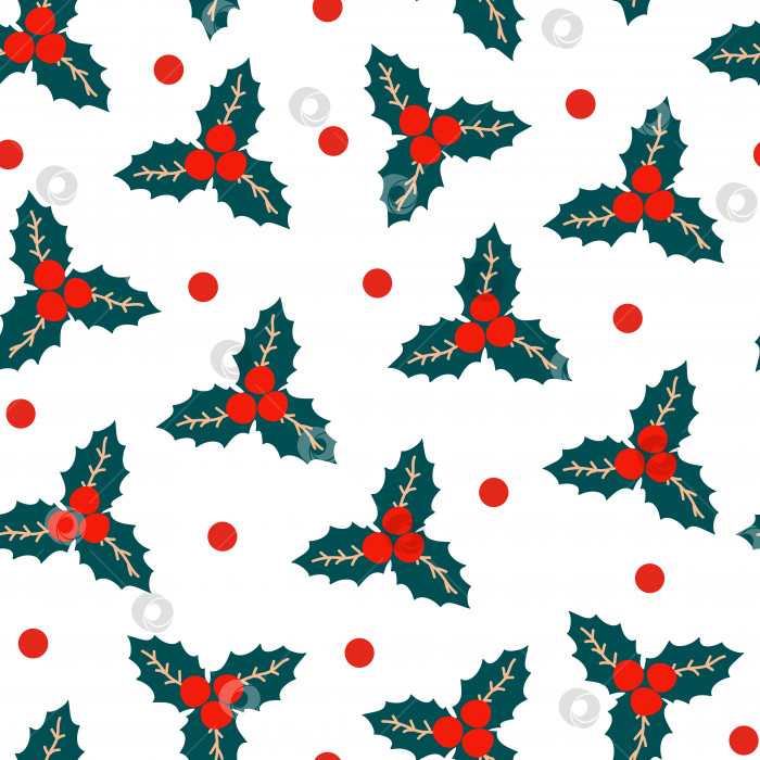 Скачать Бесшовный рождественский узор - выполнен из красных и зеленых повторяющихся точек и омелы на белом фоне в традиционном скандинавском стиле. Используется в качестве принта для ткани, оберточной бумаги, обоев фотосток Ozero